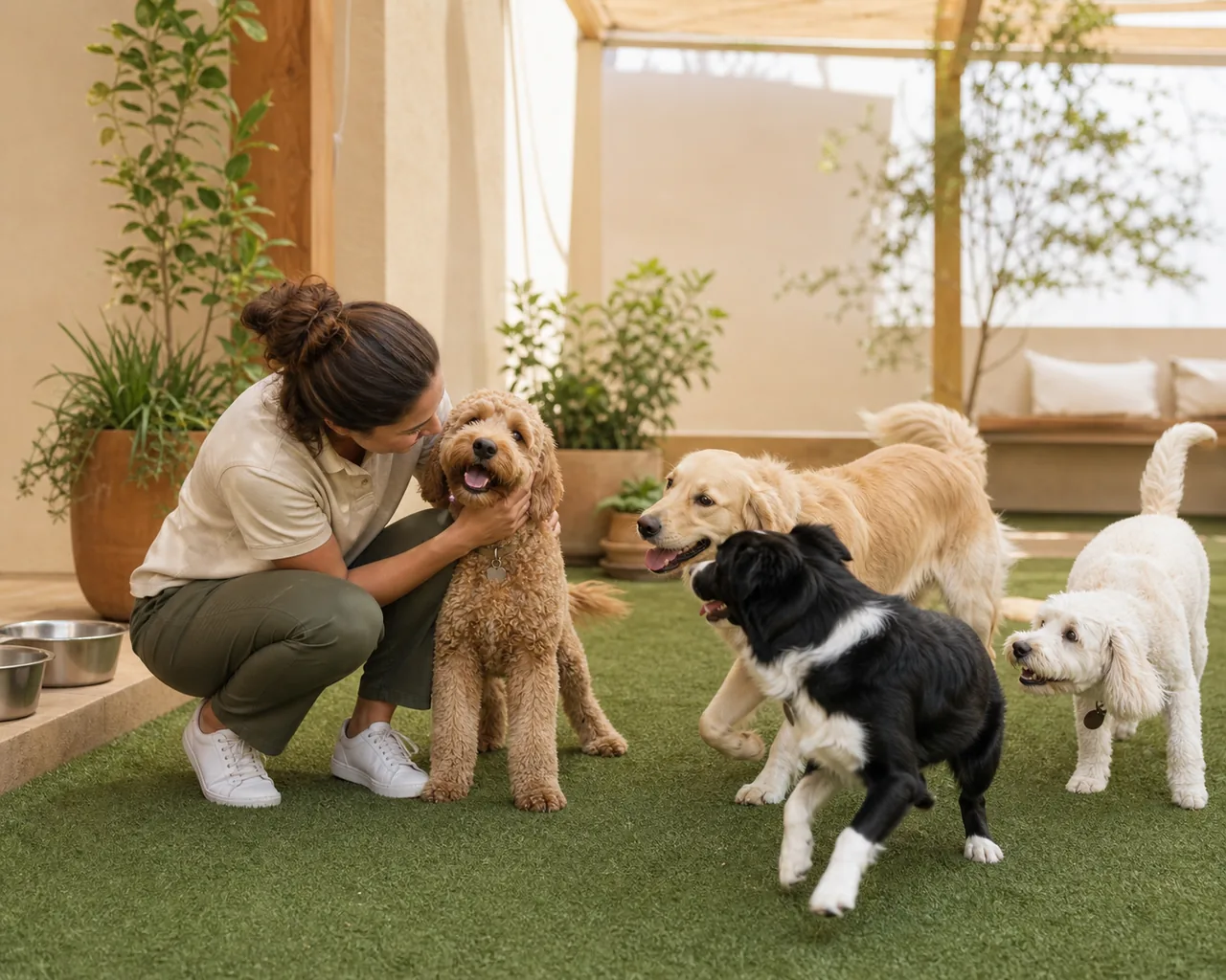 Profissional cuidando de cães durante brincadeira em área segura