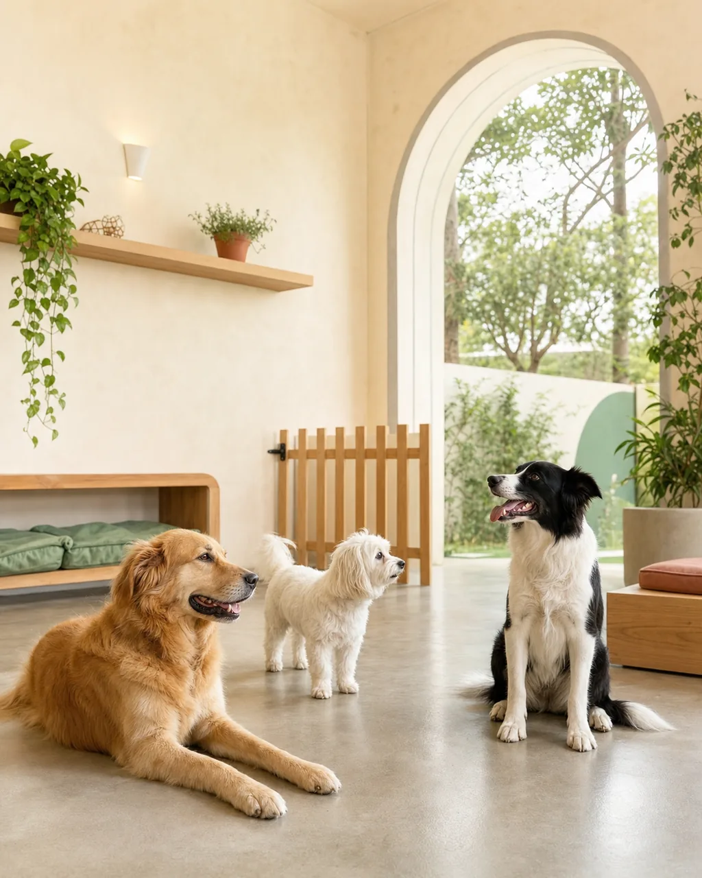 Cães em ambiente interno claro de creche canina premium