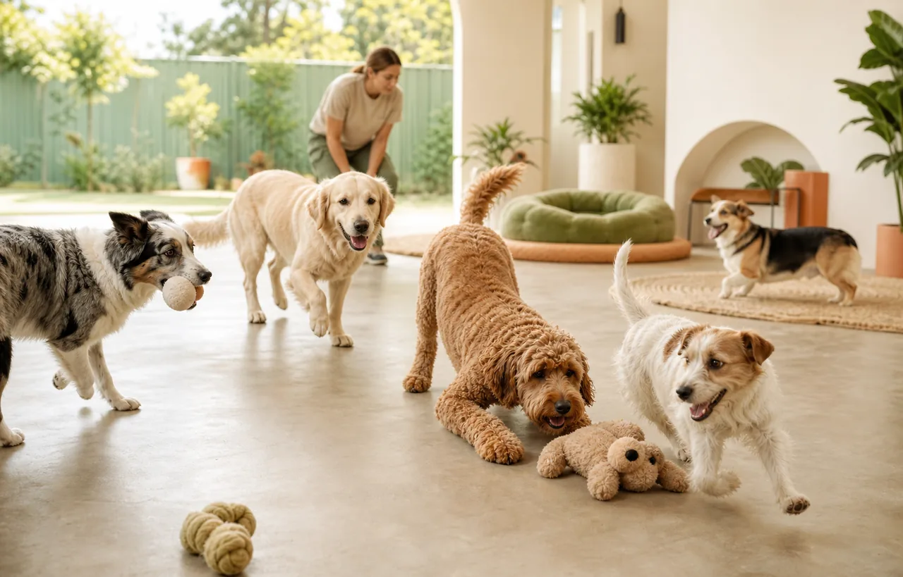 Cães brincando em ambiente claro e supervisionado de creche canina